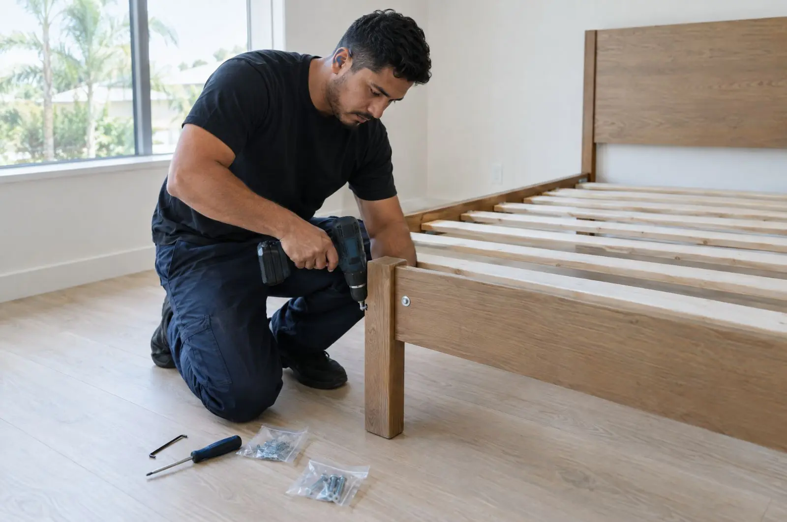 Mover assembling a wooden bed frame with a power drill