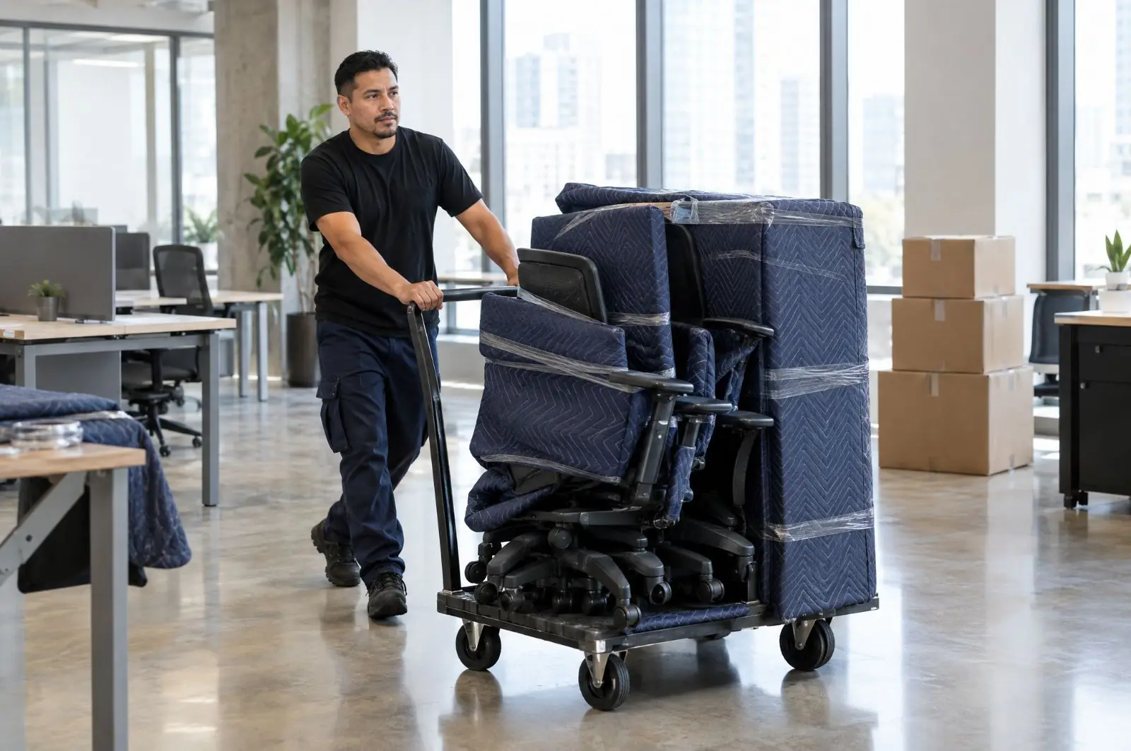 Mover pushing a dolly of padded office chairs during an office move