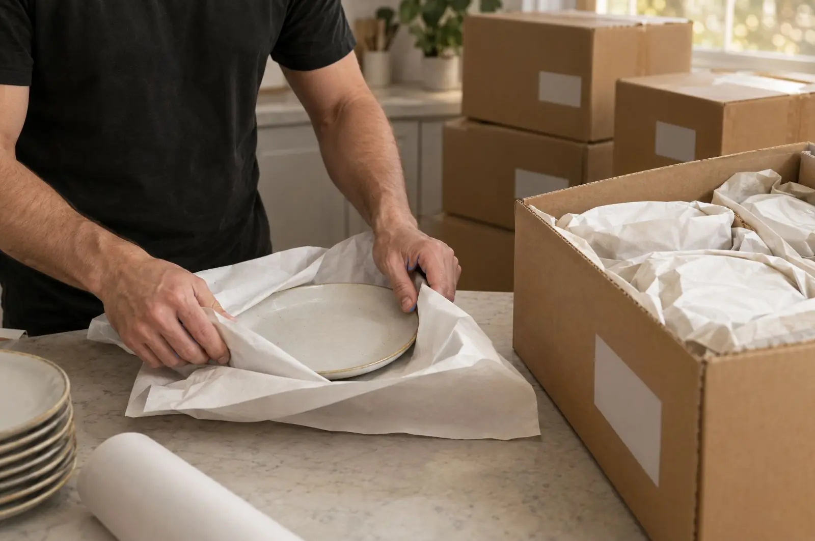 Dishes being wrapped in packing paper before going into a moving box