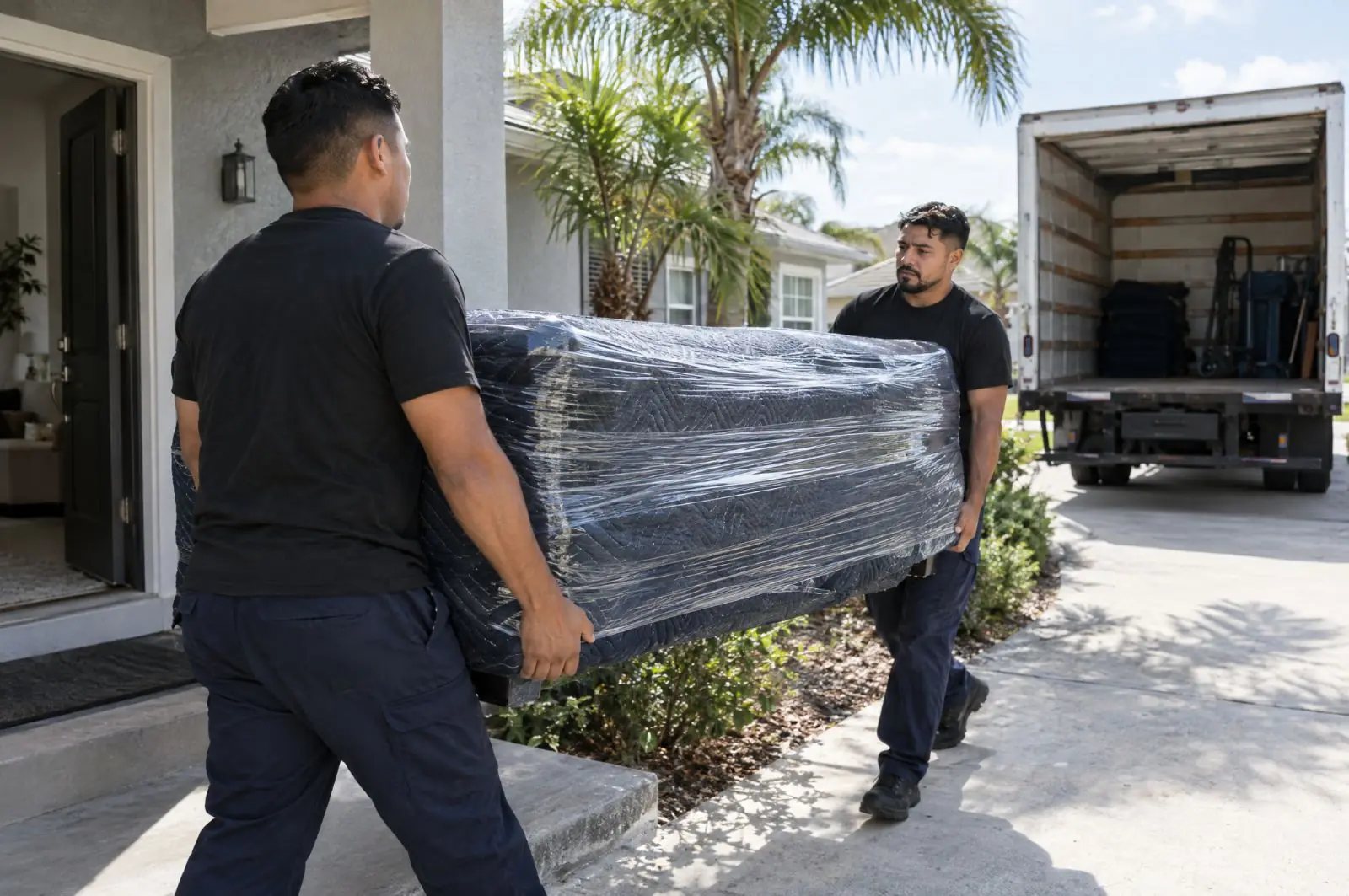 Two movers carrying a plastic-wrapped sofa from a house to the moving truck