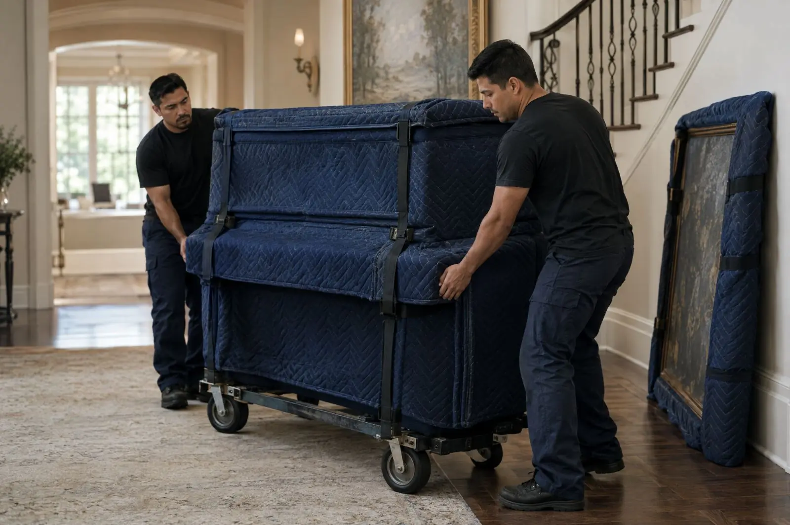 Two movers rolling a blanket-wrapped upright piano on a dolly